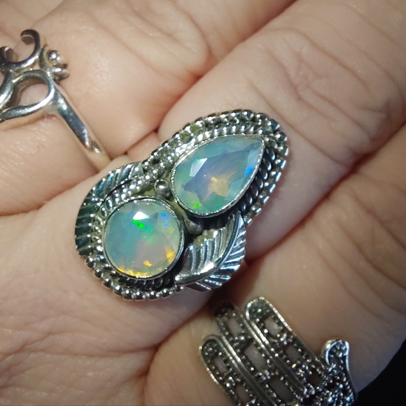 Ethiopian Opal Teardrop & Round Cut Sterling Silver Statement Ring - Picture 9 of 16